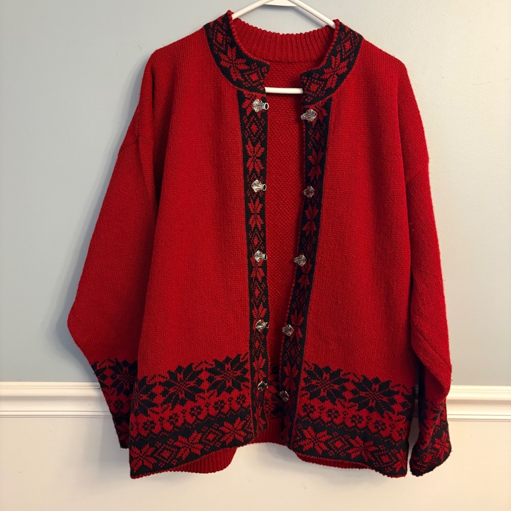 Vintage Norwegian Red Fair Isle Cardigan Sweater Metal Clasps Nordic Winter XL - Picture 2 of 10